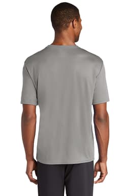 A grey performance t-shirt with a simple design, featuring a logo on the back. Ideal for casual wear or active use.
