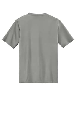 A grey Port & Company Performance Tee featuring short sleeves and a simple design. The shirt has a logo on it.