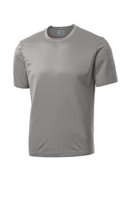 A grey performance tee, featuring a round neckline and short sleeves, with a logo on the label.