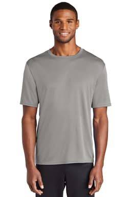 A grey Port & Company Performance Tee featuring short sleeves and a simple design with a logo.