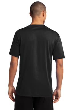A black performance tee with short sleeves, featuring a logo on the back.