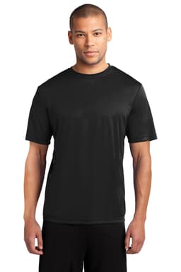A black performance tee displayed on a male model, featuring a simple design and a logo.