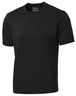 A black Port & Company performance tee with short sleeves and a simple design. Features branding on the label.