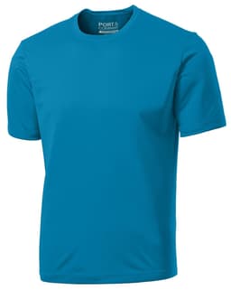 A blue performance tee featuring a crew neck and short sleeves, with a logo on the label.