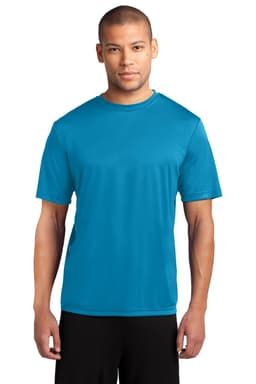A blue performance T-shirt worn by a male model, featuring a logo on the front.