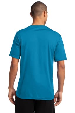 A performance tee in bright blue, featuring a standard crew neck and short sleeves, showing the back view.