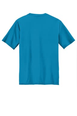 A bright blue performance tee shirt with short sleeves, featuring a logo on the back.