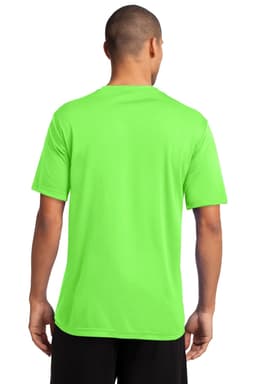 A bright green performance t-shirt featuring a plain back design and short sleeves. It has a branding logo.
