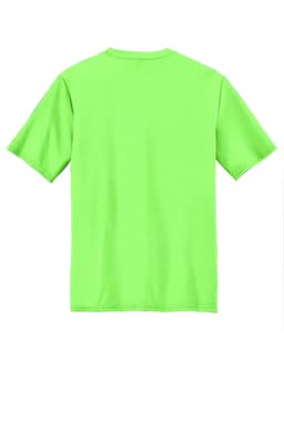 A vibrant green performance tee with short sleeves and a plain back. Features a logo.