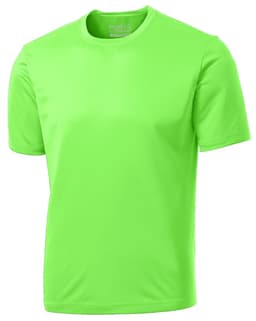 A bright green performance tee with short sleeves, featuring a logo on the upper section.