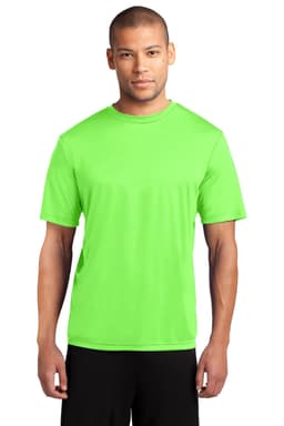 A vibrant green performance tee worn by a man, featuring a crew neck and short sleeves, with a logo present.