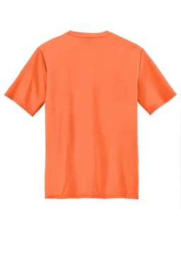 An orange Port & Company Performance Tee with short sleeves and a plain back, featuring a logo.