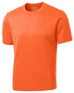 An orange performance T-shirt with short sleeves and a simple design. It features a brand logo.