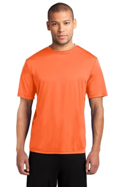 A man wearing an orange performance t-shirt, standing against a neutral background. The shirt includes a logo.