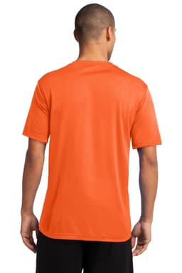 An orange performance t-shirt featuring a back view and short sleeves. It has a logo on the upper back.