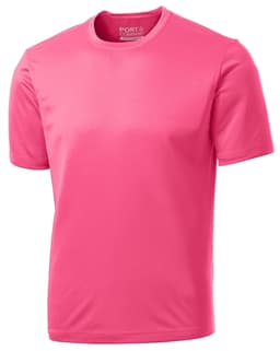 A pink performance t-shirt with short sleeves, featuring a logo on the neckline. Ideal for casual wear or sports.