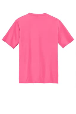 A pink performance t-shirt featuring short sleeves and a logo on the back.