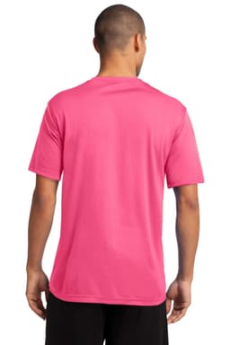A pink performance t-shirt featuring a logo, shown from the back on a model.