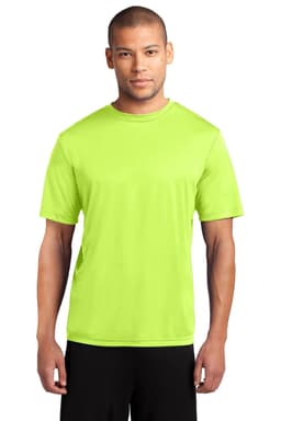 A lime green performance tee displayed on a male model, featuring short sleeves and a logo.