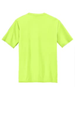 A bright yellow performance T-shirt featuring a short sleeve design and a plain back, with branding.