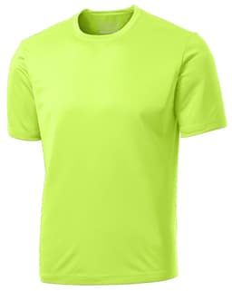 A bright neon yellow performance t-shirt featuring a logo on the front. Suitable for casual wear or active use.
