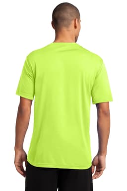 A bright lime green performance t-shirt with short sleeves and a logo on the back.