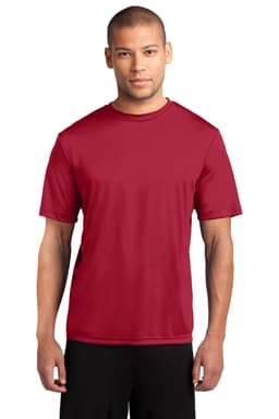 A maroon performance t-shirt is displayed on a model, featuring a logo on the front.