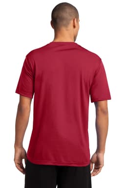 A red performance tee viewed from the back, featuring short sleeves and a simple design.