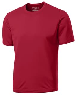 A red performance tee with short sleeves, featuring a logo on the neckline.