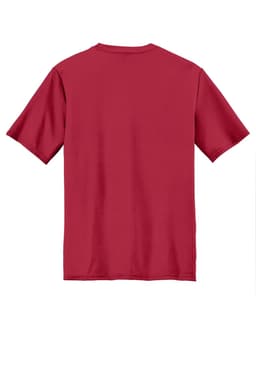 A red performance tee with short sleeves and a plain back, featuring a logo.