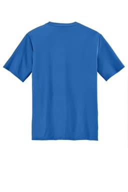 A blue performance t-shirt with short sleeves and a plain back. It features a logo on the lower side.