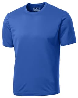 A blue performance T-shirt featuring a logo, made from moisture-wicking fabric and designed for comfort.