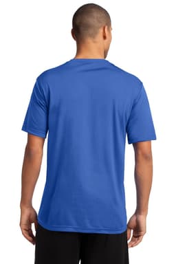 A blue performance t-shirt with short sleeves, featuring a logo on the back.