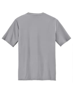 A light grey performance T-shirt featuring short sleeves and a plain back. It has a small logo branding.