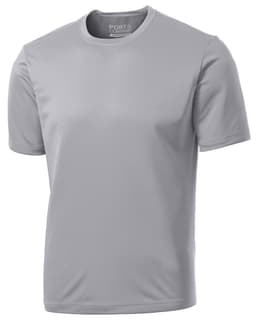 A grey performance tee with short sleeves and a round neckline, featuring a logo.