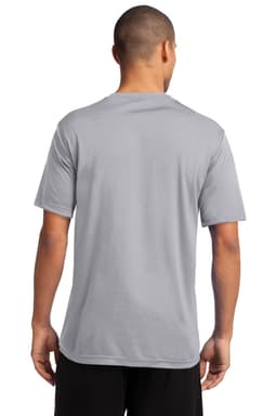 A grey performance T-shirt viewed from the back, featuring short sleeves and a simple design.