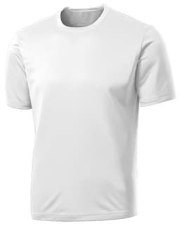 A white performance t-shirt with a classic crew neck, featuring a logo on the front.