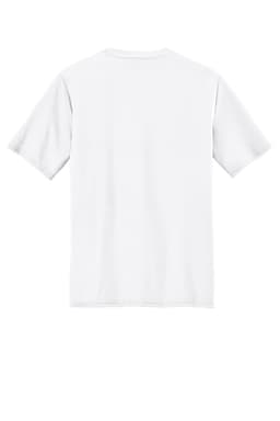 A plain white performance t-shirt with short sleeves and a logo on the back.