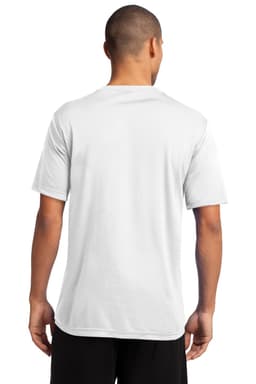 A plain white performance tee with a regular fit, featuring a logo on the back.