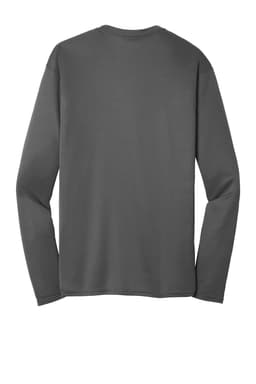 A long sleeve performance tee in dark grey, featuring a simple design and a logo.