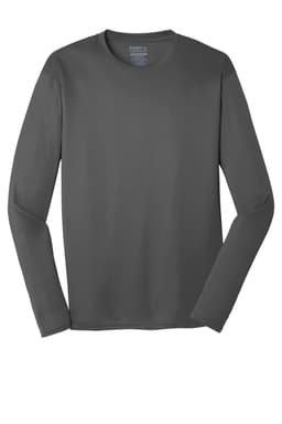 A long sleeve performance tee in a dark grey colour, featuring a logo on the label.