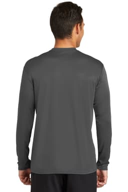 A long sleeve performance tee in charcoal grey with a simple design and a logo on the back.