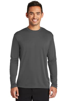 A long sleeve performance tee in grey, featuring a fitted style and a logo on the chest.