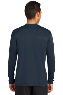 A long sleeve performance tee in navy blue, featuring a simple design and a logo on the back.