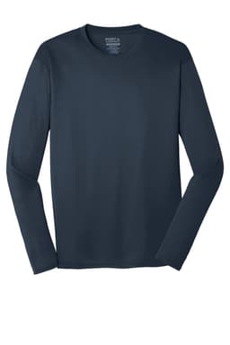 A long sleeve performance tee in navy blue, featuring a logo on the label.