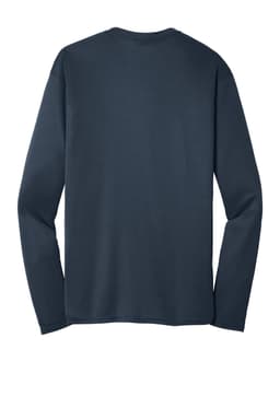 A long sleeve performance tee in navy blue, featuring a plain back and fitted sleeves.
