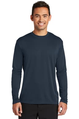 A navy long sleeve performance tee displayed on a male model with a smiling expression. The shirt features a logo.
