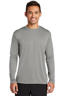 A long sleeve performance tee in grey, featuring a simple design and a logo on the shirt.