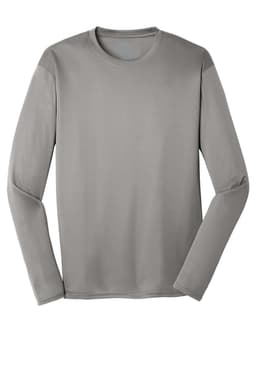 A long sleeve performance tee in grey, featuring a smooth, lightweight fabric and a logo.