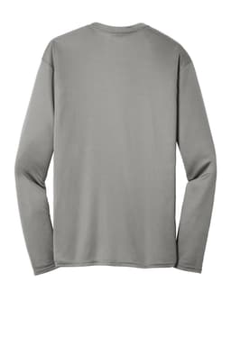 A long sleeve performance tee in grey, featuring a simple design and a logo on the back.